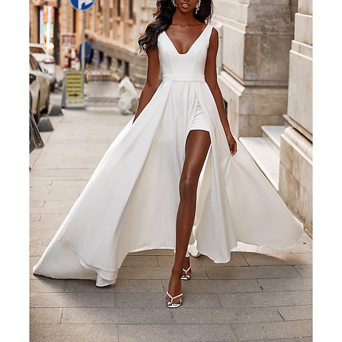 

A-Line Wedding Dresses V Neck Sweep / Brush Train Stretch Chiffon Sleeveless Simple Sexy with Pleats Split Front 2022