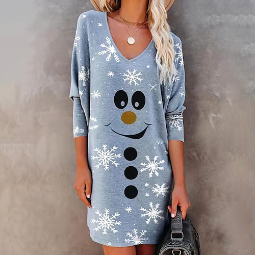

Women's Shift Dress Dark Gray Light Blue Long Sleeve Print Fall Spring V Neck Winter Dress Fall Dress Loose Fit 2022 S M L XL XXL 3XL