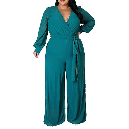 

Women's Plus Size Jumpsuit Lace up Solid Colored Long Sleeve Streetwear Ordinary Spring Fall Green Black Red L XL XXL 3XL 4XL / V Neck