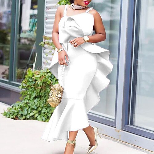 

Women's Plus Size Party Dress Solid Color Strap Ruffle Sleeveless Winter Fall Elegant Prom Dress Midi Dress Formal Party Dress