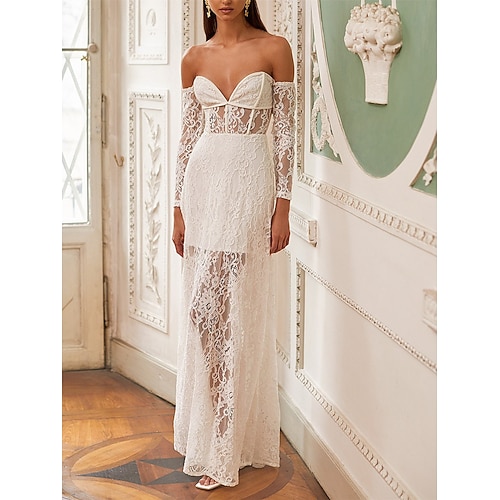 

A-Line Wedding Dresses Sweetheart Neckline Ankle Length Lace Long Sleeve Romantic Vintage Sexy with Solid Color 2022