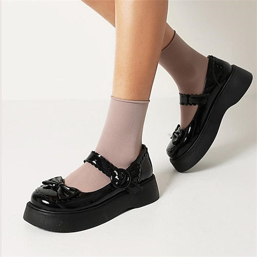 

Femme Chaussures Lolita Lolita du quotidien Noeud Talon Bas Bout rond Casual Invalide Cuir Verni Lanière de cheville Couleur Pleine Noir Blanche