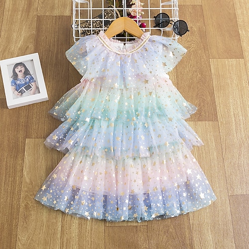 

Kids Girls' Dress Sequin Tulle Dress Above Knee Dress Party Mesh Short Sleeve Princess Dress 3-10 Years Winter Rainbow