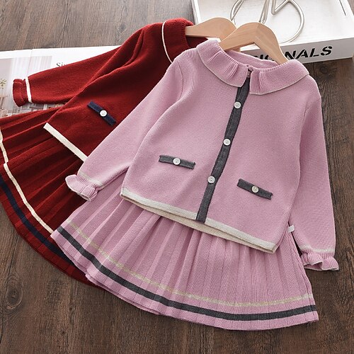 

Kids Girls' Clothing Set 2 Pieces Long Sleeve Pink Wine Solid Color Pleated Preppy Style Sweet Regular 2-6 Years / Fall / Winter / Spring