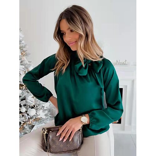 

Women's Daily Weekend Blouse Shirt Plain Long Sleeve Bow Round Neck Casual Streetwear Tops Green White Black S