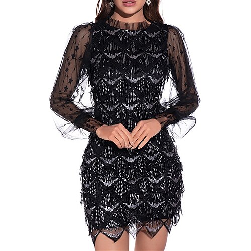 

Women's Party Dress Fringe Dress Sequin Dress Black Long Sleeve Pure Color Sequins Winter Fall Autumn Crew Neck Party Winter Dress Fall Dress Slim Mesh S M L XL