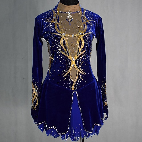 

Figure Skating Dress Women's Girls' Ice Skating Dress Outfits Royal Blue Patchwork Mesh Spandex High Elasticity Competition Skating Wear Handmade Crystal / Rhinestone Long Sleeve Ice Skating Figure