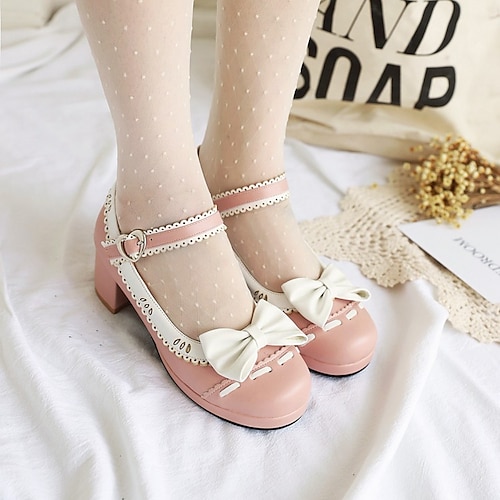 

Femme Chaussures Lolita Lolita du quotidien Noeud Talon Bottier Bout rond Cuir PU Lanière de cheville Bloc de couleur Noir Rose Bleu clair