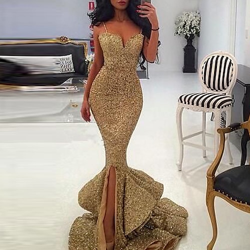 

Mermaid / Trumpet Sexy bodycon Wedding Guest Formal Evening Dress Sweetheart Neckline Sleeveless Court Train Sequined with Ruffles Slit 2022