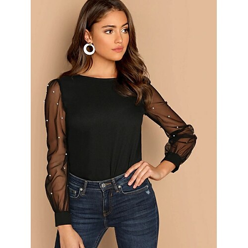 

Women's T shirt Tee Pink Black Plain Mesh Long Sleeve Daily Weekend Basic Round Neck Regular S