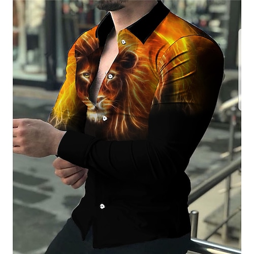 

Homme Chemise Chemise Aloha Animal Lion Col rabattu Jaune 3D effet Extérieur Plein Air manche longue Bouton bas Imprimer Vêtement Tenue Mode Casual Respirable