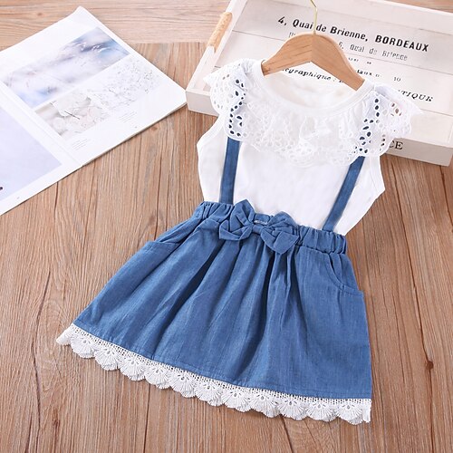 

Girls' Denim Dress Denim Overall Pinafore Dress Sleeveless Solid Colored 3D Printed Graphic Dresses Casual Sweet Above Knee Cotton Dress Summer Kids Toddler Sports Outdoor Daily Regular Fit Bow Hole