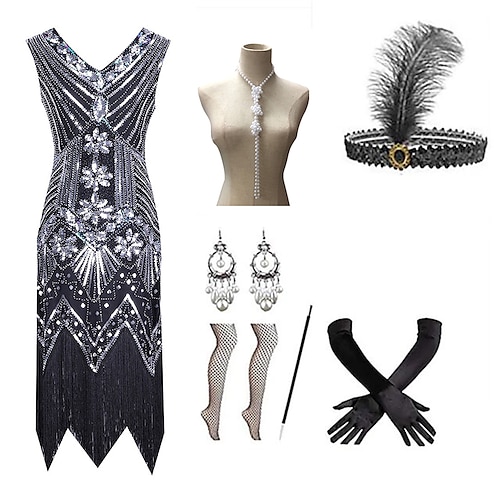 

The Great Gatsby Roaring 20s 1920s Vintage Inspired Cocktail Dress Flapper Dress Flapper Headband Accesories Set Women's Adults' Tassel Fringe Costume Vintage Cosplay Party / Evening Sleeveless Dress