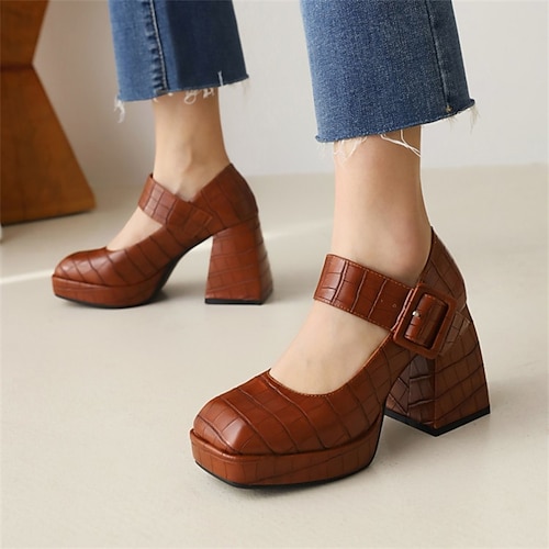 

Women's Heels Daily Mary Jane Chunky Heel Square Toe Casual Walking Shoes Faux Leather Ankle Strap Solid Colored Light Brown Black Burgundy