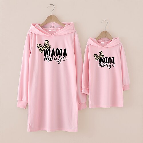 

Mommy and Me Dresses Leopard Letter Daily Print Light Pink Long Sleeve Above Knee Mommy And Me Outfits Cute Matching Outfits