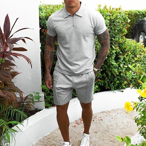 

Men's 2 Piece Set Crop Top Shirt Collar Solid Color Sport Athleisure Clothing Suit Short Sleeves Breathable Soft Comfortable Everyday Use Street Casual Athleisure Daily Activewear Outdoor / 2 Pieces