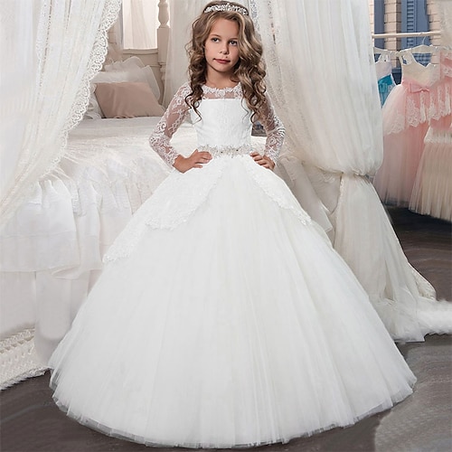 

Christmas Birthday Princess Flower Girl Dresses Jewel Neck Floor Length Chiffon Lace Winter Fall with Lace Crystals / Rhinestones Cute Girls' Party Dress Fit 3-16 Years