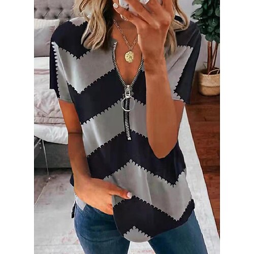 

Women's T shirt Tee Blue Purple Orange Geometric Zipper Short Sleeve Daily Basic Round Neck Regular Geometric S