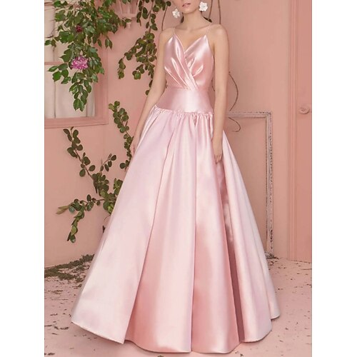 

A-Line Prom Dresses Celebrity Style Dress Wedding Guest Floor Length Sleeveless V Neck Satin with Pleats 2022 / Formal Evening