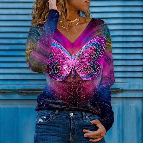 

Women's T shirt Tee Fuchsia Butterfly Sparkly Print Long Sleeve Casual Weekend Basic V Neck Regular Butterfly Painting S / 3D Print