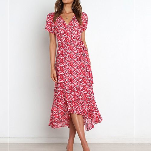 

Mulheres Vestido midi Vermelho Sem Manga Floral Cordões Primavera Verão Decote V Moderno Final de semana S M L XL