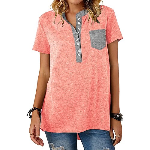 

Women's T shirt Tee Henley Shirt Blue Pink Dark Gray Plain Button Pocket Short Sleeve Casual Basic Round Neck Regular S