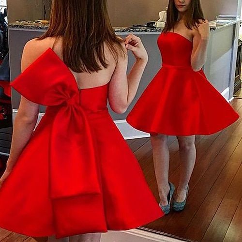 

A-Line Cocktail Dresses Minimalist Dress Homecoming Short / Mini Sleeveless Strapless Satin with Bow(s) Pure Color 2022