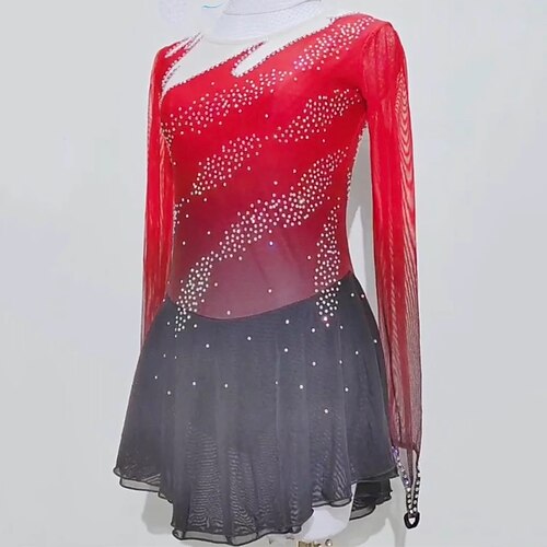 

Figure Skating Dress Women's Girls' Ice Skating Dress Outfits Red Mesh Spandex High Elasticity Competition Skating Wear Handmade Crystal / Rhinestone Long Sleeve Ice Skating Figure Skating / Winter