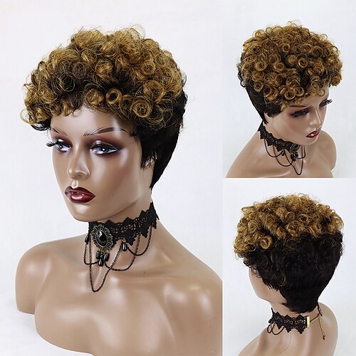

Short Human Hair Wigs Pixie Cut Curly Brazilian Hair for Black Women Machine Made Highlight Color Cheap Glueless Wig