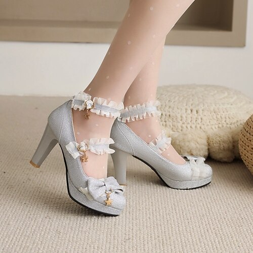 

Women's Lolita Shoes Daily Lolita Bowknot Lace Sequin Chunky Heel Round Toe Gleit Buckle Solid Colored Silver Gold Blue