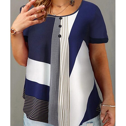 

Women's Plus Size Curve Tops T shirt Color Block Patchwork Print Short Sleeve Round Neck Casual Daily Date Vacation Cotton Blend Spring Summer