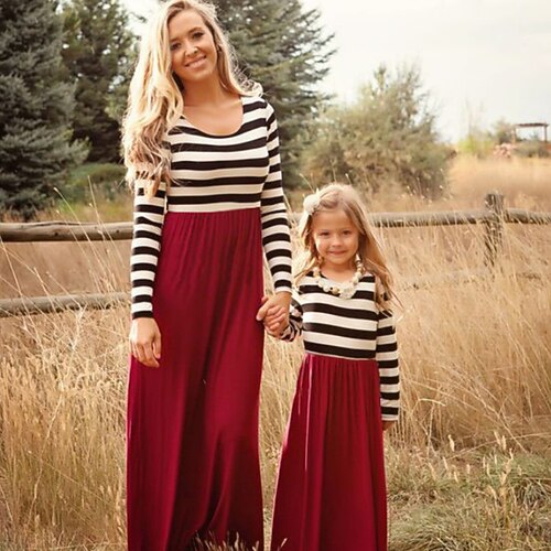 

Mommy and Me Dresses Striped Graphic Color Block Sports & Outdoor Patchwork Wine Long Sleeve Maxi Active Matching Outfits / Fall / Spring / Casual / Print