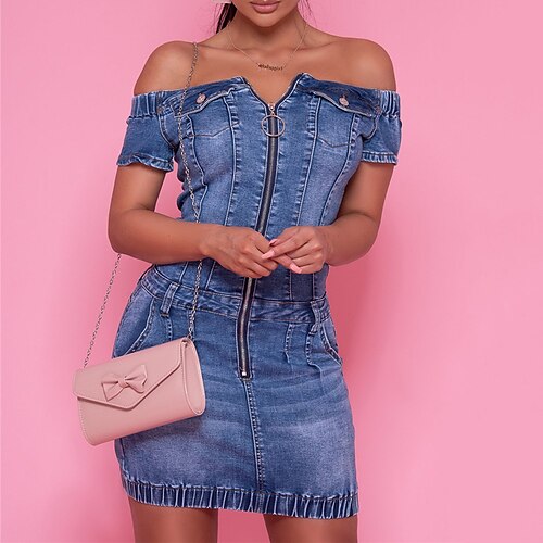 

Mujer Vestido tubo Azul Piscina Manga Corta Color puro Espalda al Aire Primavera Verano Hombros Caídos Básico Fin de semana S M L XL XXL