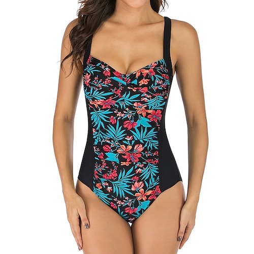 

Women's Swimwear One Piece Monokini Normal Swimsuit Tummy Control Open Back Floral Striped White Black Purple Red Navy Blue Strap Bathing Suits New Casual Vacation / Modern / Padded Bras