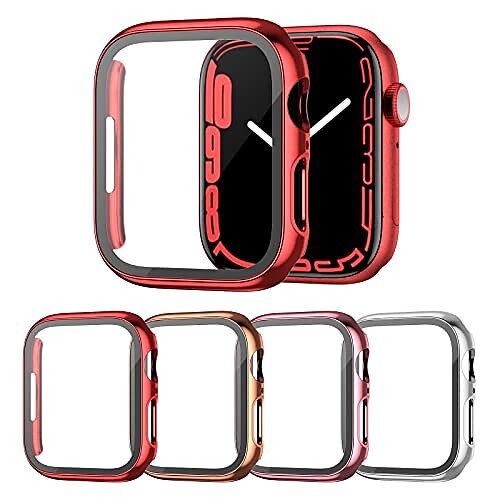 

[4 Pack] PC Case Compatible with Apple Watch Series 7 45mm, Built in Tempered Glass Screen Protector Full Coverage Electric Plated Protective Cover Bumper Accessories for iWatch 7 45mm