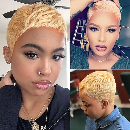 

Human Hair Blend Wig Short Natural Wave Pixie Cut Short Hairstyles 2022 With Bangs Berry Natural Wave Short Side Part African American Wig Machine Made Women's 1# Strawberry Blonde