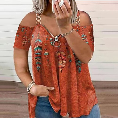

Women's Plus Size Tops Blouse Abstract Print Short Sleeve V Neck Streetwear Daily Weekend Polyester Fall Green Blue