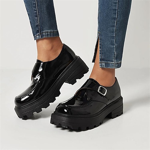 

Women's Slip-Ons Daily Platform Loafers Chunky Heel Round Toe Casual Walking Shoes Patent Leather Ankle Strap Solid Colored Black Burgundy