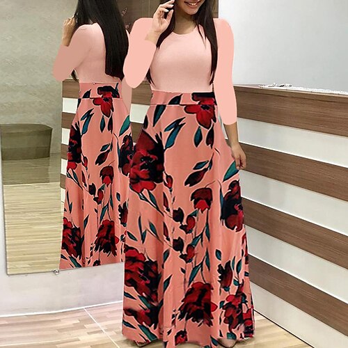 Women's A Line Dress Midi Dress Black And White Color bar Dots Leaf flower Green Pink Red Long Sleeve Floral Polka Dot Print Spring Summer Crew Neck Women's A Line Dress Midi Dress Black And White Color bar Dots Leaf flower Green Pink Red Long Sleeve Floral Polka Dot Print Spring Summer Crew Neck
