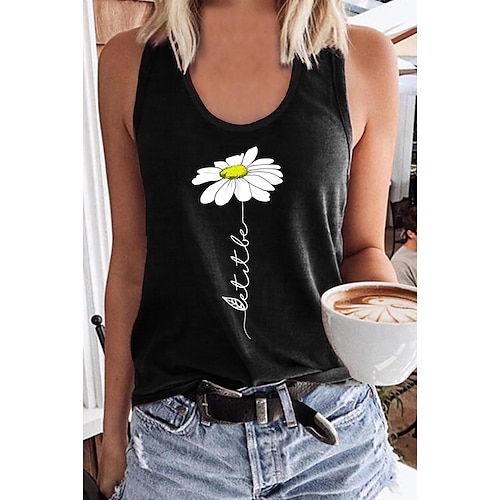 

Women's Tank Top Gray Black Floral Daisy Print Sleeveless Holiday Weekend Basic Streetwear Round Neck Regular Floral S