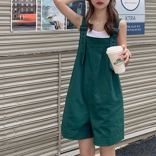 

Women's Romper Backless Button Solid Color Square Neck Active Street Vacation Cargo Pants Regular Fit Sleeveless Green Khaki Red S M L Spring / Wide Leg