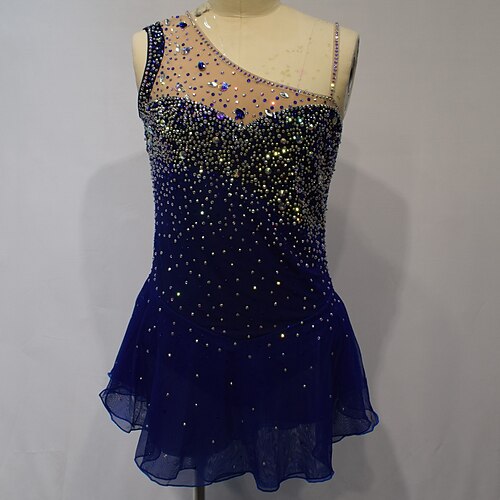 

Figure Skating Dress Women's Girls' Ice Skating Dress Outfits Dark Navy Mesh Spandex High Elasticity Competition Skating Wear Handmade Crystal / Rhinestone Sleeveless Ice Skating Figure Skating