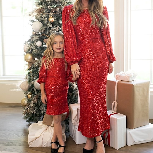 

Mami y yo Vestidos Color sólido Deporte Verde Trébol Negro Rojo Manga Larga Midi Activo Trajes a juego / Otoño / Invierno / Casual