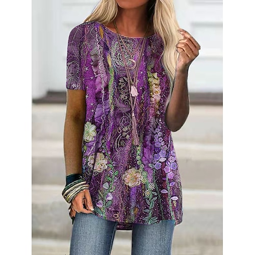 Damen Festtage Blumen T-Shirt Blumen Grafik Druck Rundhalsausschnitt Grundlegend Oberteile Purpur Gelb Violett