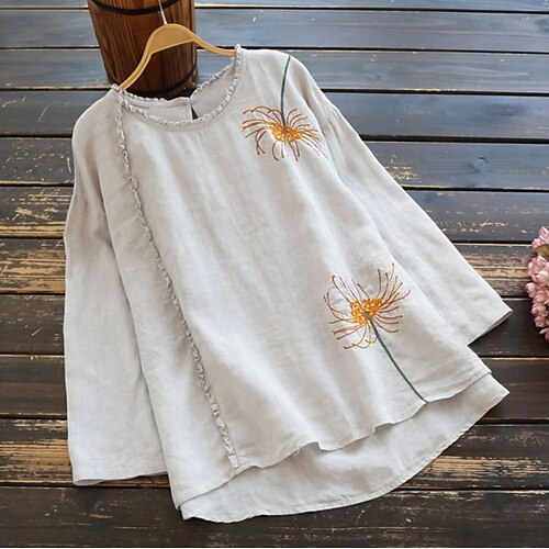 

Women's Plus Size Tops Blouse Floral Plain Embroidered Long Sleeve Crewneck Basic Daily Weekend Cotton Fall Spring White Black / Loose Fit