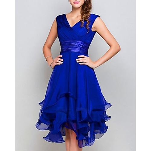 A-Line Wedding Guest Dresses Party Dress Homecoming Asymmetrical Sleeveless V Neck Chiffon with Ruched Tiered 2024