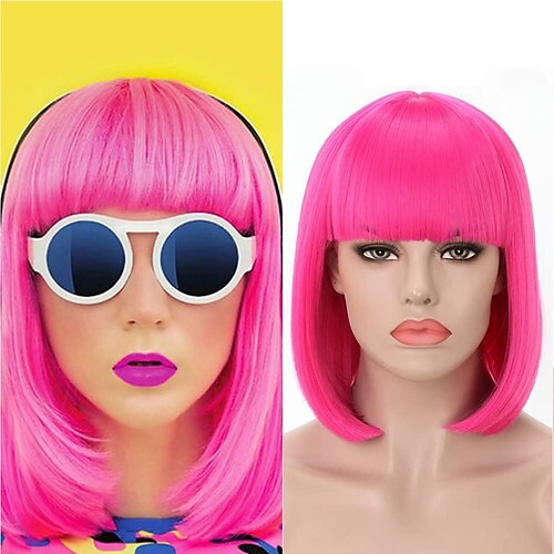 

Short Wave Bobo Hair Wig with Flat Bangs Straight Hair Synthetic Color Cosplay Wig