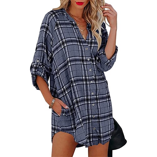 

Mujer Camisa Sayo Blusa Negro Amarillo Rosa Plaid Botón Bolsillo Manga Larga Diario Fin de semana Ropa de calle Casual Cuello Camisero Largo S