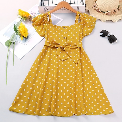 

Kids Girls' Dress Polka Dot A Line Dress Midi Dress Sports & Outdoor Lace up Cotton Short Sleeve Cute Dress 4-12 Years Fall Yellow