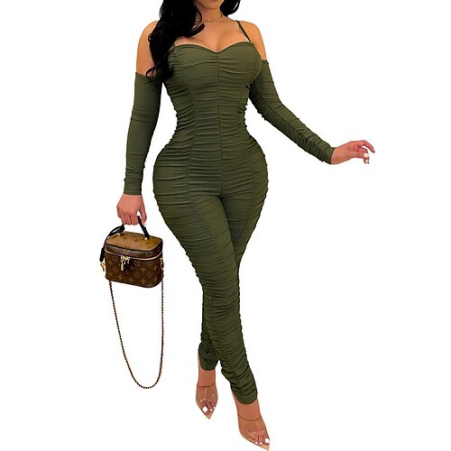 

Women's Jumpsuit Backless Solid Color Square Neck Active Home Street Regular Fit Long Sleeve Green Blue Red S M L Spring